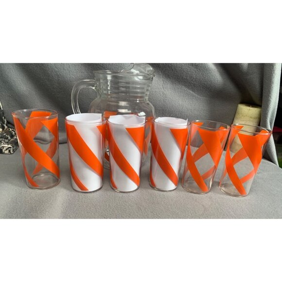 Vintage Orange Swirl 6 12oz Glasses & Pitcher Mid Century Set - Picture 5 of 13